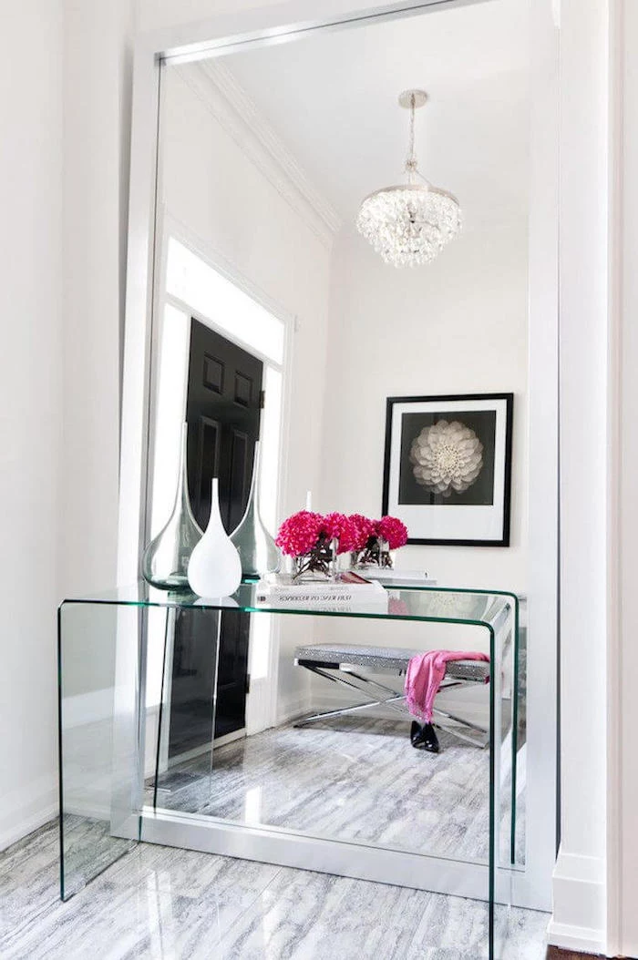 large mirror, update your entrance hall, glass furniture, marble floor, white walls, black door
