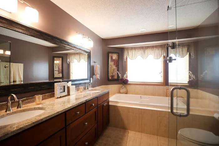 large bath, shower cabin, large wooden vanity, large mirror, tips for your bathroom remodel