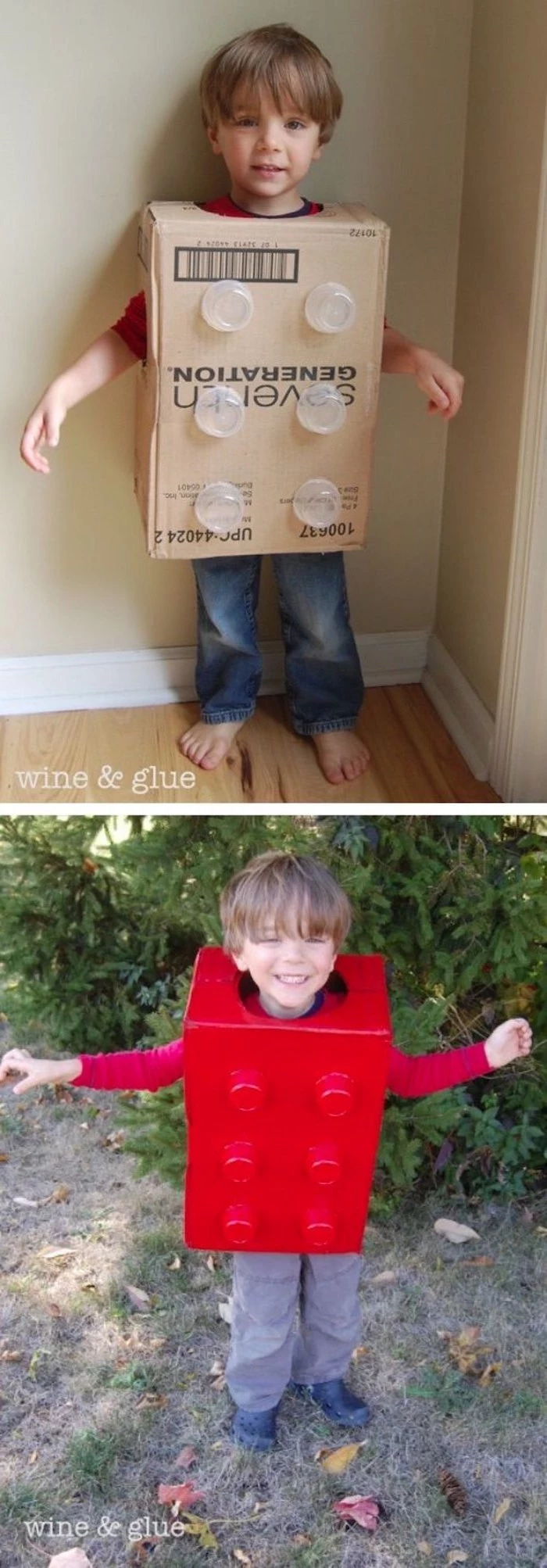 diy costume, superhero costumes for kids, little boy, dressed as a lego brick, painted in red, made of carton