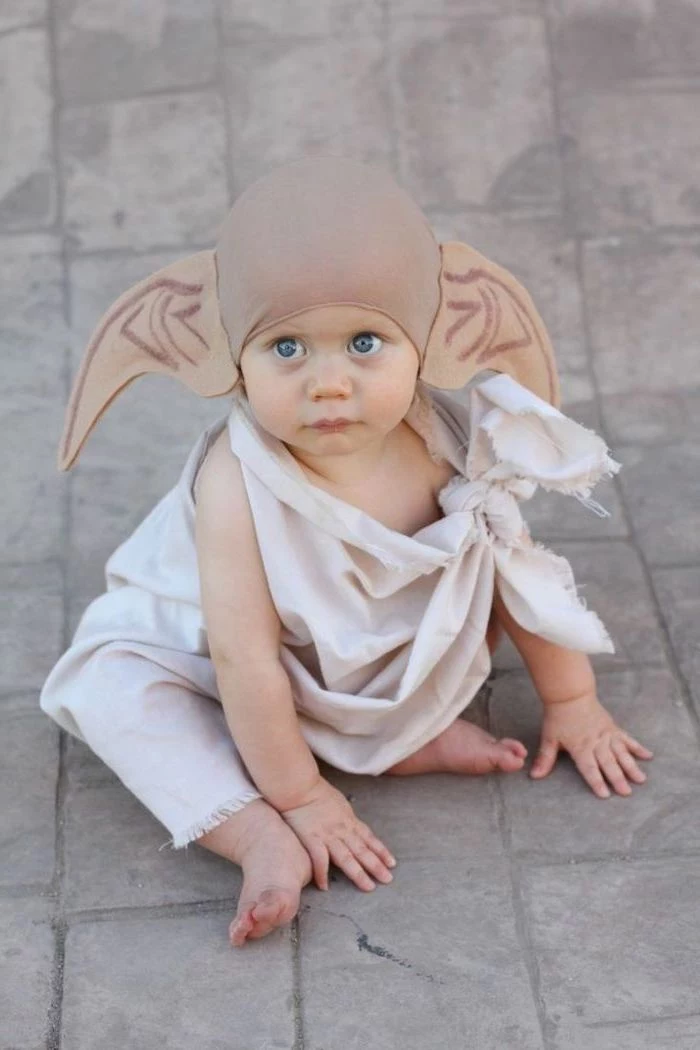 baby boy, dressed as dobby the house elf, harry potter inspired, funny kids costumes, tiled floor