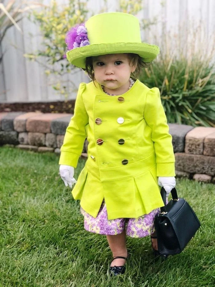 little girl, dressed as queen elizabeth, funny kids costumes, neon green suit and hat, black bag, purple skirt