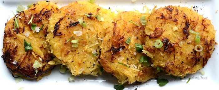 white plate, with spaghetti squash, hash browns, low carb breakfast ideas, chives on top