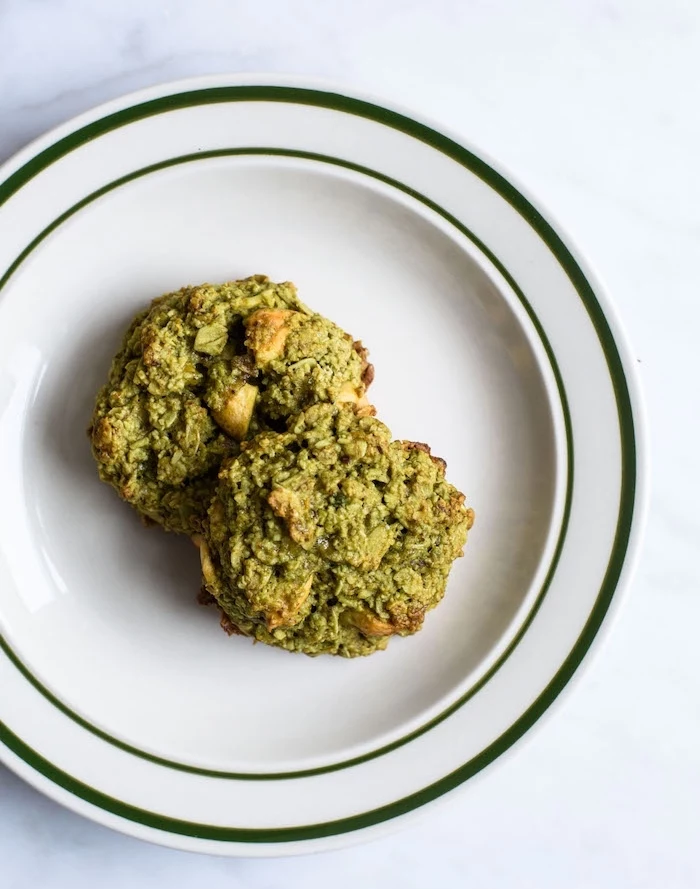 matcha cookies, with nuts, in white plate, white table, how to make homemade cookies