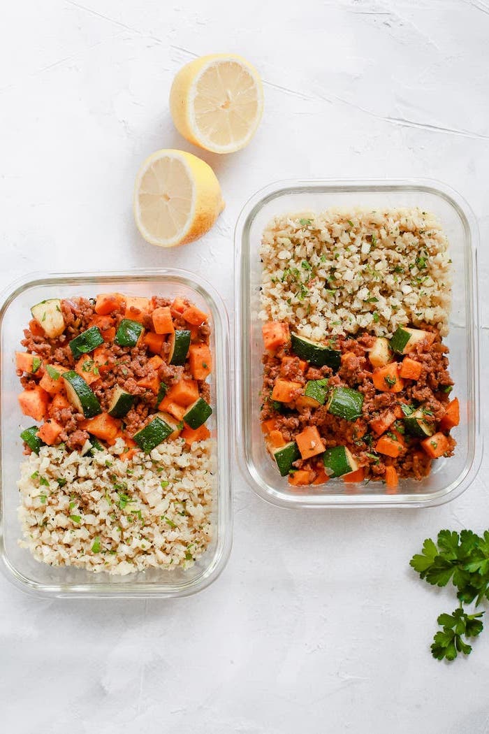 ground beef, with zucchini, sweet potatoes, easy lunches for work, in glass containers, lemon slices