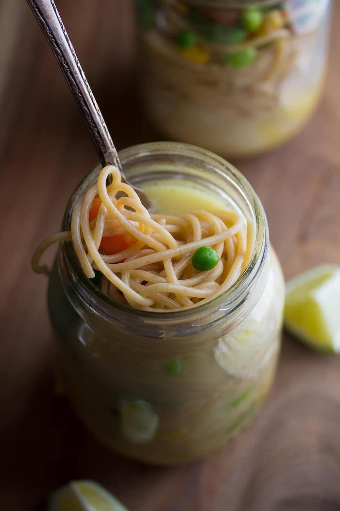 silver spoon, instant noodles, chicken meal prep, with beans and corn, inside a mason jar