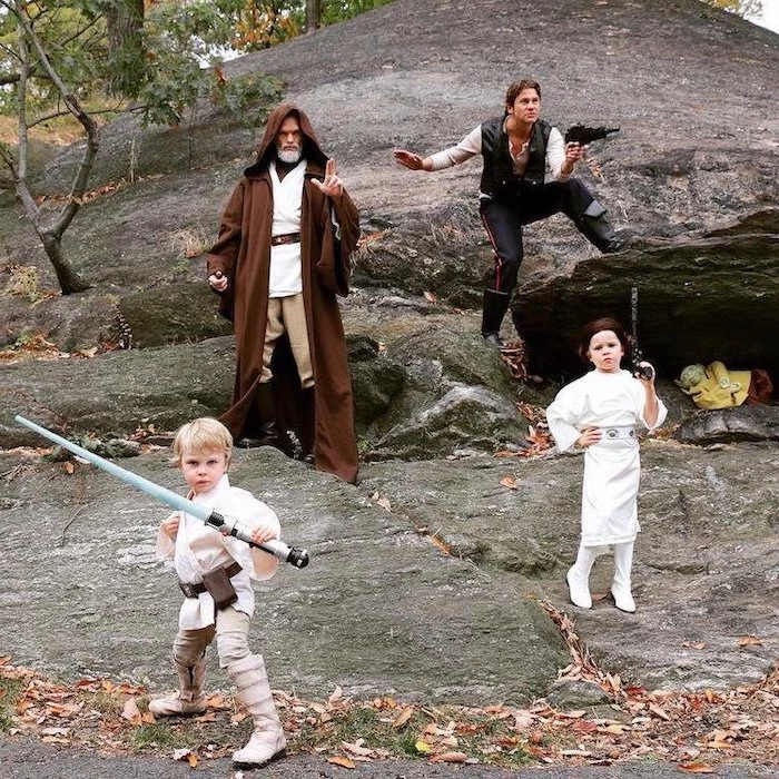 neil patrick harris and family, dressed as star wars characters, funny kids costumes, princess leia, anakin skywalker, han solo