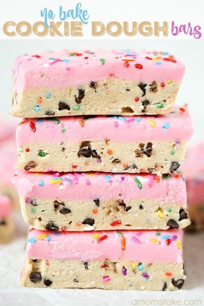 no bake cookie dough bars, easy desserts to make, sprinkles on top, chocolate chips inside