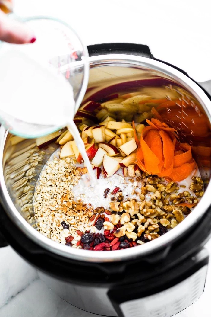 meal prep recipes, chopped apples, nuts and dried berries, oatmeal and milk, in an instant pot