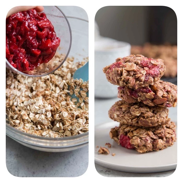 side by side photos, homemade chocolate chip cookies, cherries in a glass bowl, oatmeal cookies