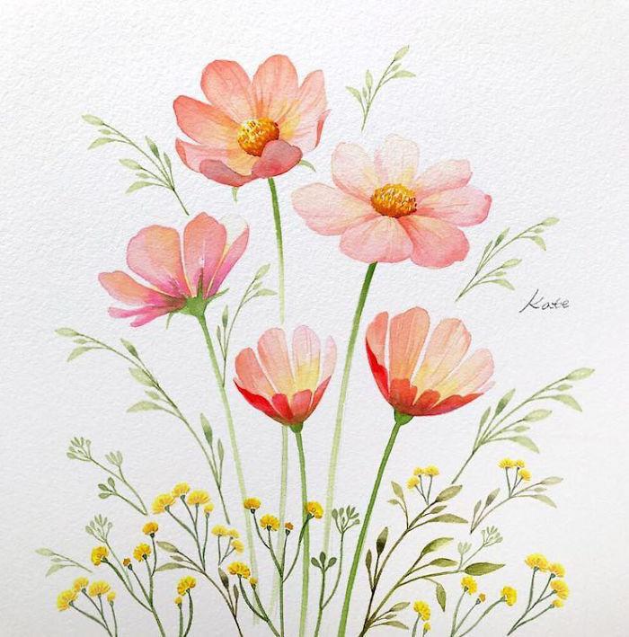 orange flowers, smaller yellow flowers, watercolor painting, easy flowers to draw, white background
