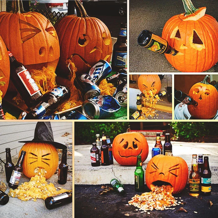 photo collage, drunk pumpkins, vomiting, with alcohol bottles, scary pumpkin carvings