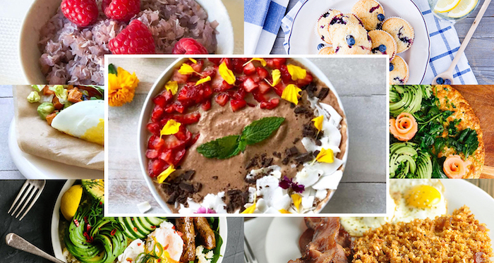 high protein low carb breakfast, photo collage, different breakfasts, smoothie bowls, blueberry muffins, keto pizza