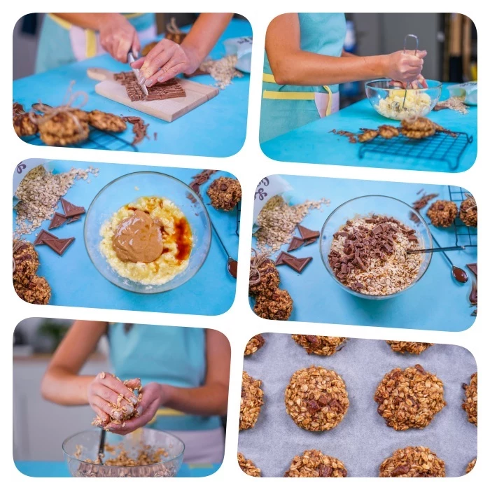 photo collage, chewy chocolate chip cookies, step by step, diy tutorial, oatmeal cookies, blue table
