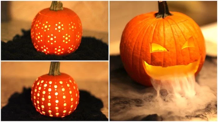 three different pumpkins, scary pumpkin carvings, smoke coming out of one, photo collage, lit by candles