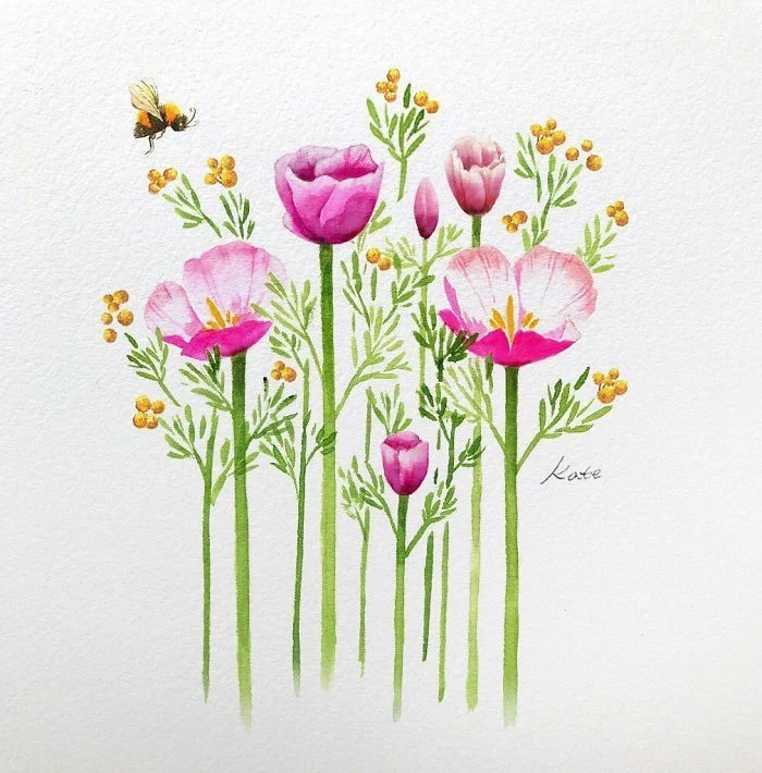 pink and yellow flowers, bee flying in the air, rose drawing easy, white background, watercolor painting