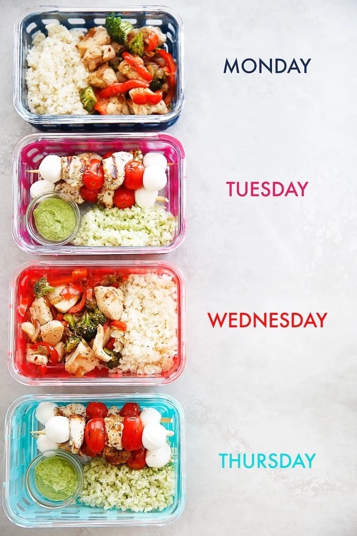 meal for each day of the week, healthy meal prep ideas for the week, white background, plastic containers