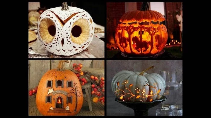 unique pumpkin carving ideas, photo collage, four different pumpkins, carved in a creative way