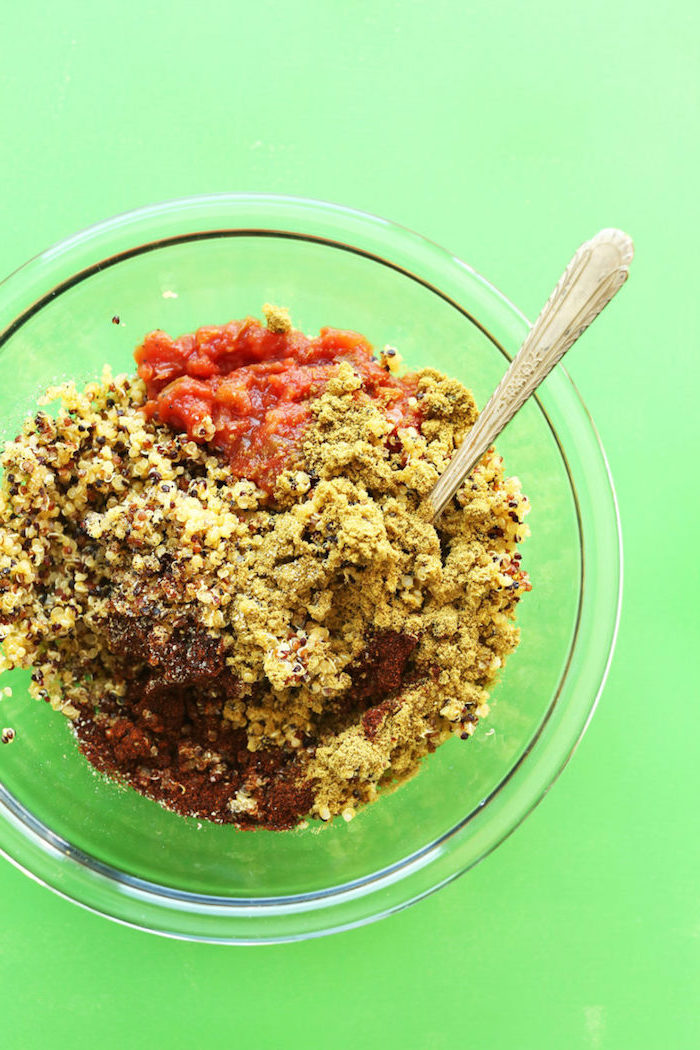 green table, taco ingredients, salsa sauce, boiled quinoa, in a glass bowl