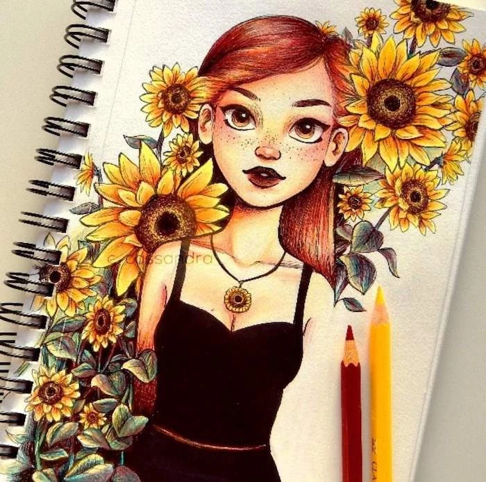girl with red hair, black top, surrounded by sunflowers, pictures of flowers to draw, colored painting