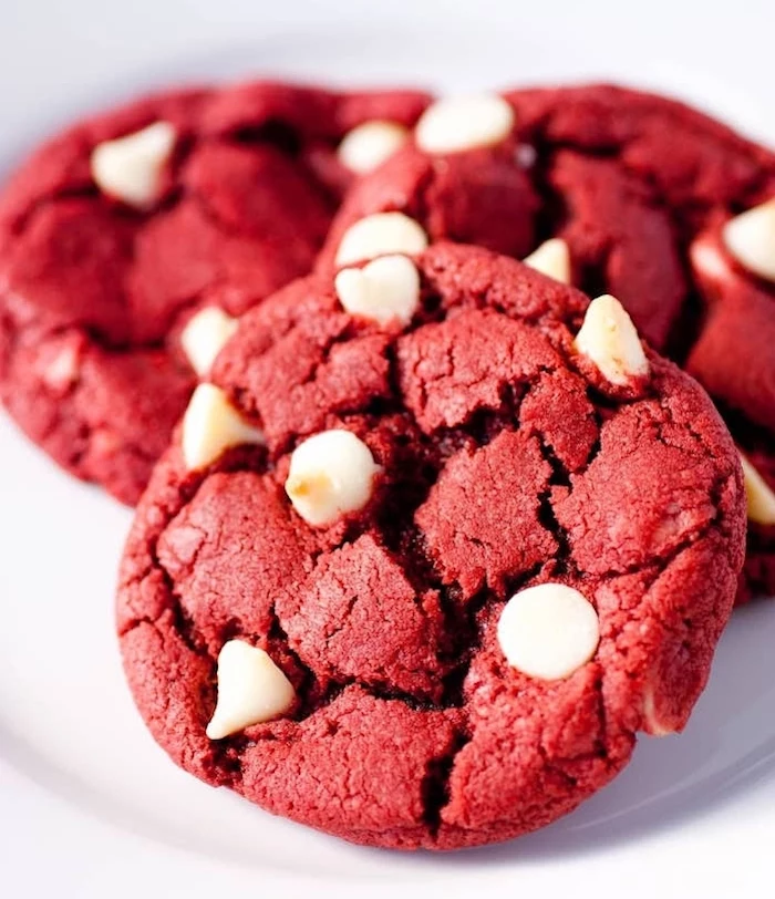 red velvet cookies, white chocolate chips, chocolate chunk cookies, white background