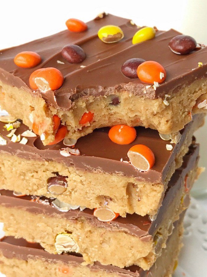 reeses pieces, peanut butter, chocolate bars, skittles on top, summer desserts