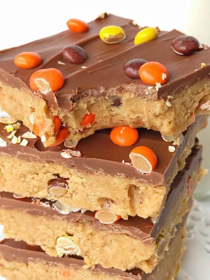 reeses pieces, peanut butter, chocolate bars, skittles on top, summer desserts