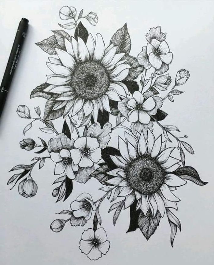 Small Sunflower Drawing Black And White