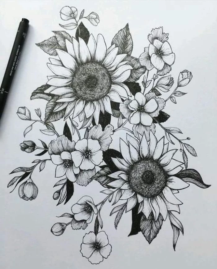 a bunch of flowers, two sunflowers, pictures of flowers to draw, black pencil sketch, white background
