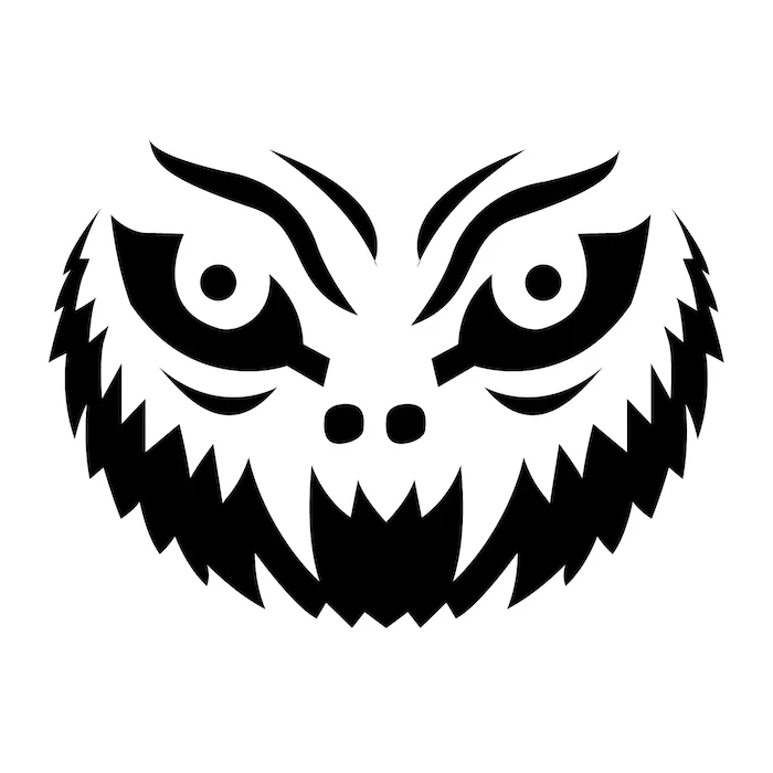 funny pumpkin carving, scary face, stencil template, black and white sketch