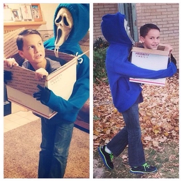 side by side photos, beheaded teenager, carried around in a box, twin halloween costumes, blue hoodie