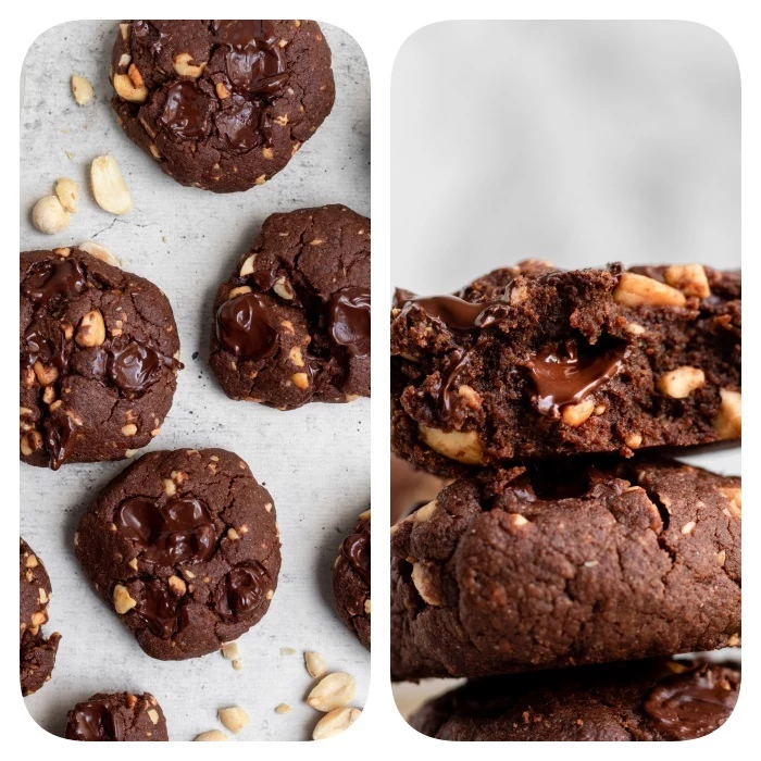 side by side photos, cocoa cookies, with peanuts, melted chocolate, best chocolate chip cookies, white background