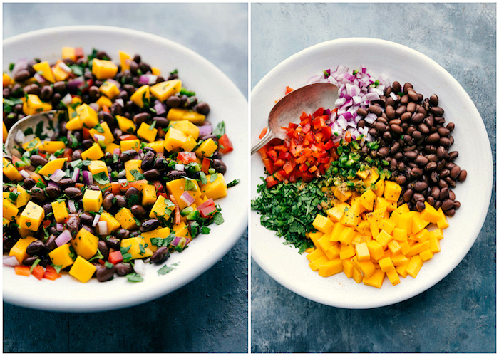 side by side photos, taco meat seasoning, black beans, chopped onion, pepper and tomatoes, in white plate