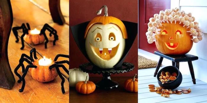 photo collage, three different carving ideas, funny pumpkin carving ideas, side by side photos