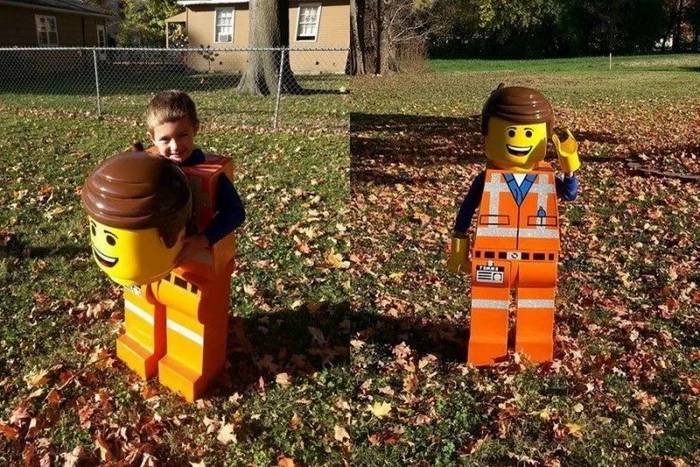 side by side photos, toddler girl halloween costume, little boy, dressed as a lego man, falling leaves