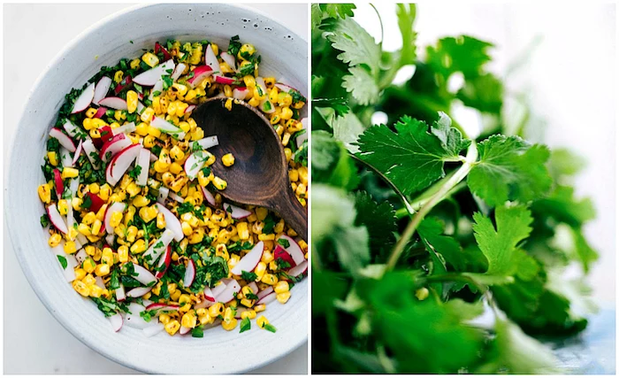white bowl, filled with corn and turnip, beef taco recipe, bunch of parsley, side by side photo