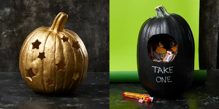 side by side photos, cool pumpkin carvings, painted in black and gold, one filled with candy