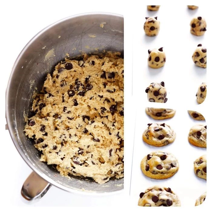 side by side photos, chocolate chip cookie recipe, cookie dough, in a pan, arranged in a tray