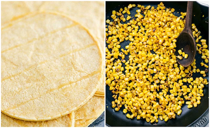 side by side photos, tortilla wraps, baked corn, inside a black pan, wooden spatula, beef taco recipe