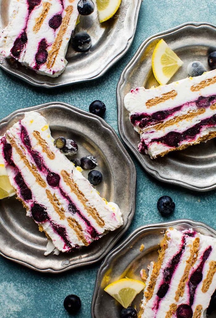 blueberry cheesecake, slices in silver plates, easy dessert recipes no baking, blueberries and lemon slices