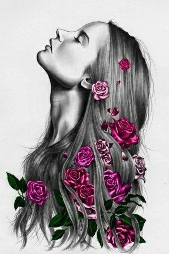 woman with long hair, pink roses, intertwined in it, pencil sketch, white background, pictures of flowers to draw