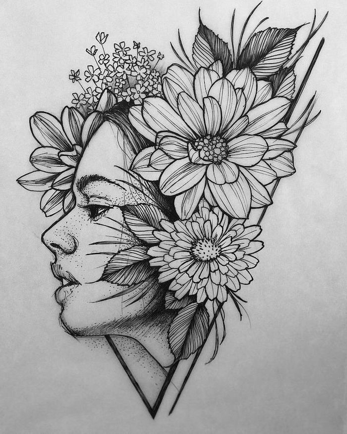 female face, surrounded by flowers, cool simple drawings, black pencil sketch, white background