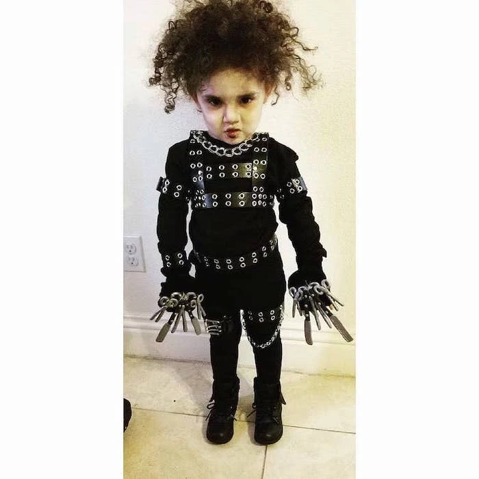 twin halloween costumes, little kid, dressed as edward scissorhands, all black costume, brown curly hair