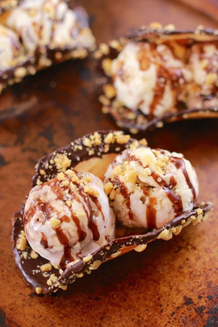 best ground beef taco recipe, mini tacos, filled with ice cream, chopped nuts, caramel drizzle