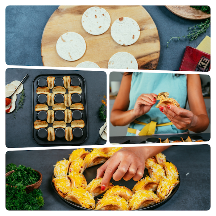 photo collage, taco recipe, tortilla wraps, arranged on a muffins tray, black table