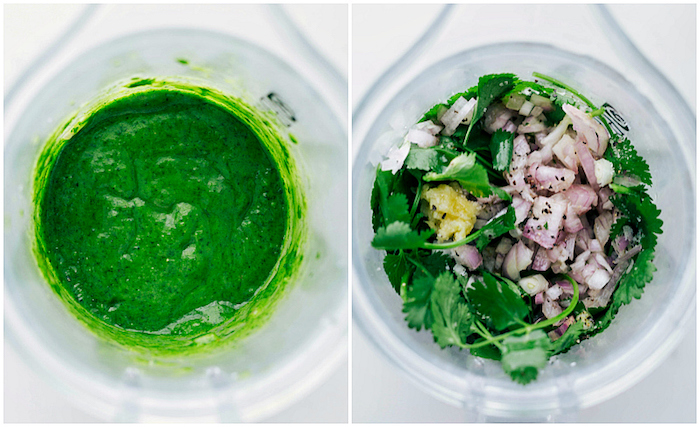 side by side photos, ground beef tacos, parsley and onion, blended together, in a glass bowl