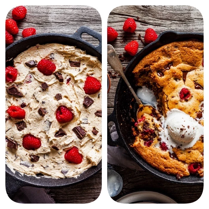 side by side photos, simple chocolate chip cookie recipe, cookie dough, baked in a skillet, with raspberries