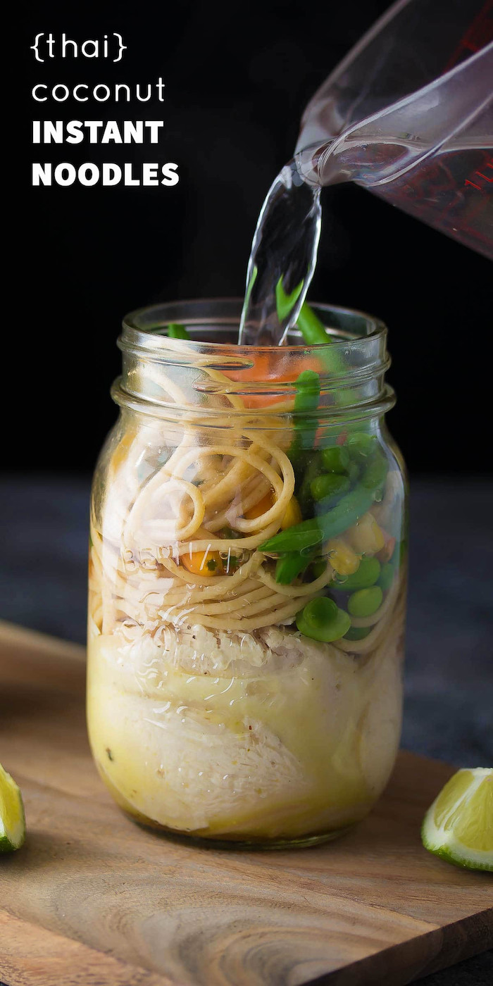 thai coconut instant noodles, how to meal prep, wooden cutting board, beans and corn, inside a mason jar