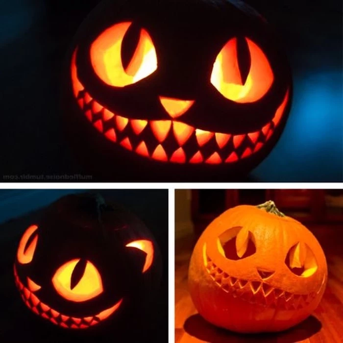 cheshire cat, alice in wonderland inspired, pumpkin carving designs, photo collage, lit by candles
