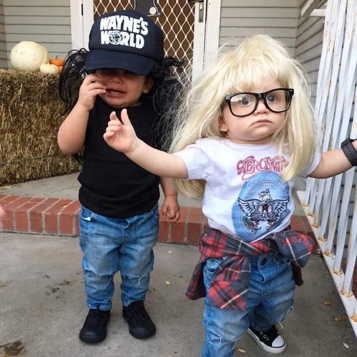 two baby boys, dressed as wayne and garth, wayne's world inspired, childrens halloween costumes, blonde wig