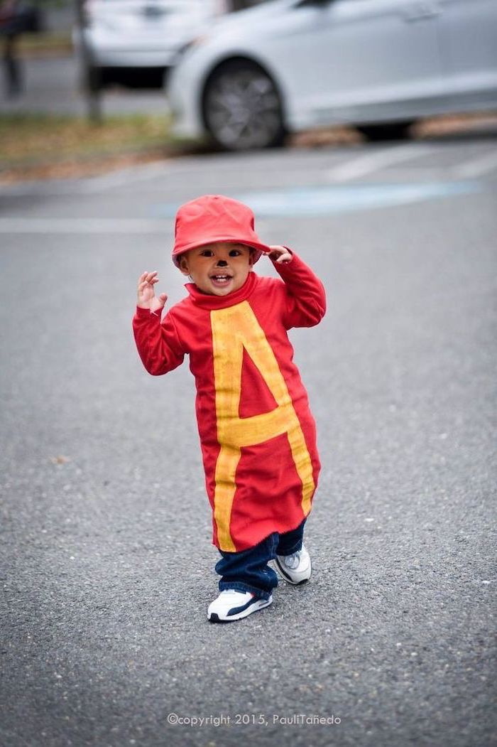 little boy, dressed as alvin, alvin and the chipmunks inspired, childrens halloween costumes, red hat, red shirt